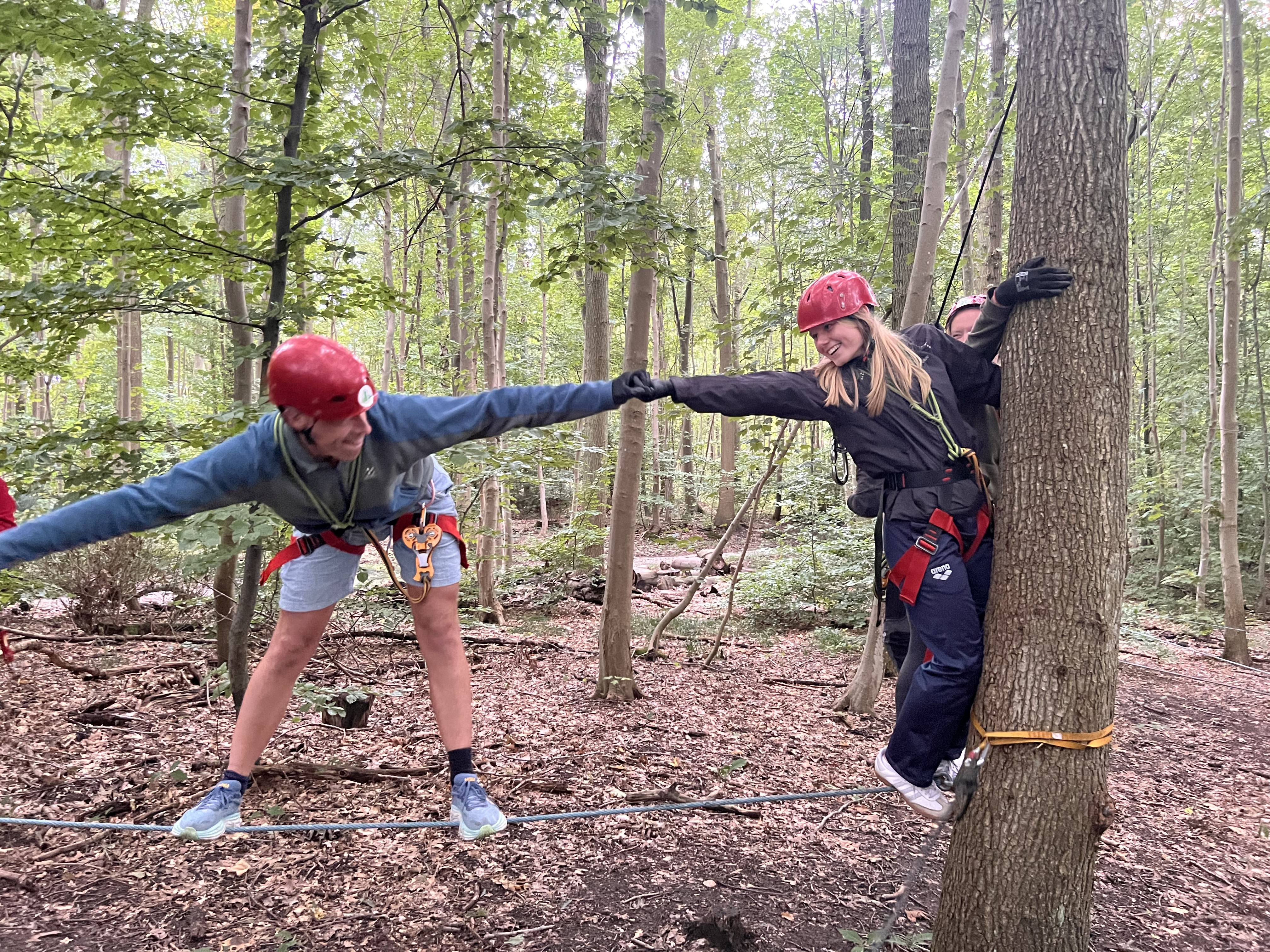 Kollegaer balancerer på line og samarbejder i skoven under teambuilding i naturen